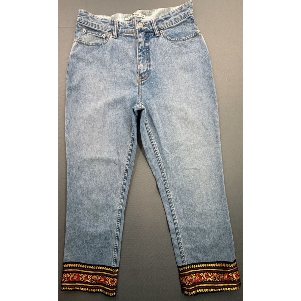Tommy Hilfiger Vintage 90s High Rise Jeans Tapestry Hem Light Wash | Women's 8 - Picture 5 of 15